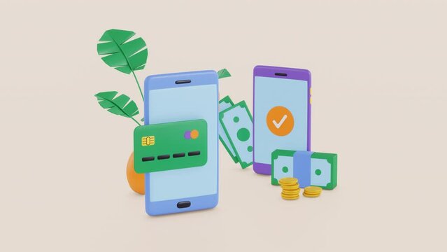 mobile banking application, smartphone and credit card animation. 3d render. online payment with phone, golden coins. secure internet technology.  Wireless money transaction. virtual wallet