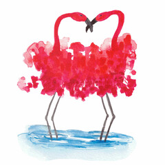 watercolor illustration red flamingos. two flamingos dancing in a splash. 
