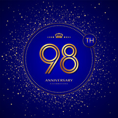 98th anniversary logo with gold numbers and glitter isolated on a blue background