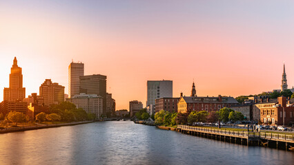 Providence downtown skyline and buildings at hazy dusk over Providence River Walk, Rhode Island