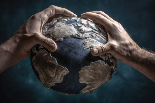 Hands crush the earth globe. Environmental issues. Destroying the Earth. Generative AI