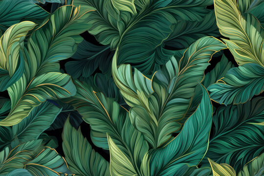 A repeatable pattern of colourful tropical leaves, watercolour. Seamless floral pattern.