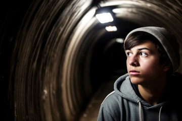 Concerned Teen with Depression in Tunnel. Generative AI - obrazy, fototapety, plakaty