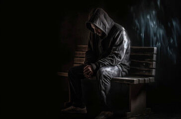 Depressed man sitting at a bench and looking down with dark background. Ai generated