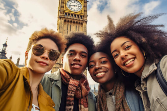 Multicultural friends and taking a selfie while touring London, with Big Ben in background. Generative AI