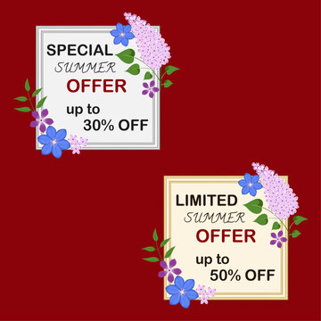 Summer sale square stickers with vector leaves and flowers (lilac, phlox, clematis) in blue, purple, pink, green and red(maroon), with gold and silver frames.