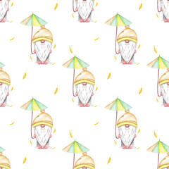 Seamless pattern with an autumn dwarf. book cover print, children's illustration. character. wrapping paper print. bed linen. dwarf with umbrella  