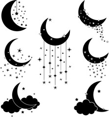 Moon and stars night sky icon set    