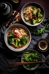 Noodle soup with chicken, chilli and broccoli (Asia), created with Generative AI