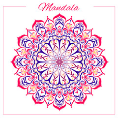 Colorful mandala. Bright oriental circular ornament with red and blue indian motifs. Isolated, vector, editable.