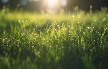 green grass nature field closeup backlit by golden sunlight with sun rays natural Generative AI