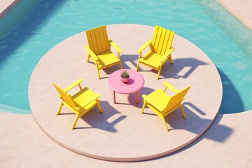 Sunny Serenity, Yellow Pool Chair Alongside Rectangular Oasis with umbrella, 3D rendered realism