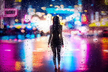 View through glass window with rain drops on blurred  silhouette of a girl on a city street after rain and colorful neon bokeh city lights, night street scene. Focus on raindrops on glass - Powered by Adobe