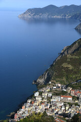 Naklejka premium Riomaggiore is one of the most beautiful and picturesque seaside villages of the Cinque Terre in Liguria.