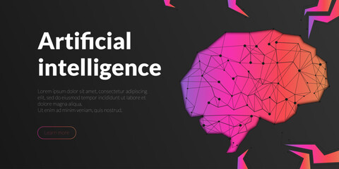 Polygonal brain with artificial intelligence, representing human science, technology. The future of AI.  Neural network banner for a modern background, website template.