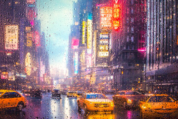 Fototapeta na wymiar View through a glass window with raindrops on city streets with cars in the rain, bokeh of colorful city lights, night street scene. Focus on ra