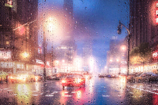 rainy, silhouette, street, night, water drop, umbrella, View through a glass window with raindrops on city streets with cars in the rain, bokeh of colorful city lights, night street scene. Focus on ra