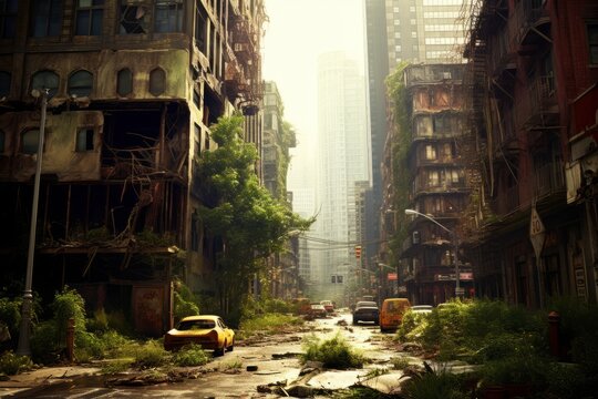 An image depicting a deserted city with overgrown vegetation and abandoned buildings, capturing the post-apocalyptic atmosphere. Generative Ai
