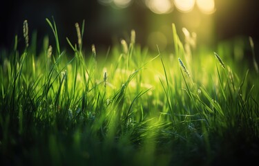 Obraz premium green grass nature field closeup backlit by golden sunlight with sun rays natural Generative AI