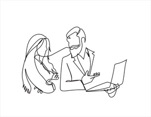 Continuous one line drawing businessman and woman having a discussion business activities