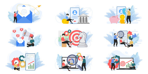 Fototapeta premium Set of web page design templates for business management, Email Marketing. team building, team building web page composition with people characters. Modern vector illustration concepts