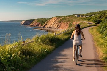 A tranquil rear view image of a woman leisurely cycling along a picturesque coastal path, with the serene ocean as her companion. 