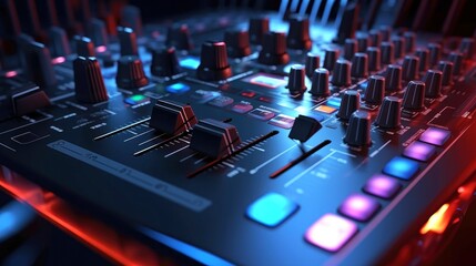 Sound panel for working in the studio and on TV projects. Close-up of the Mixing console. mixing knobs. mix musical tracks on techno party in night club. blurred concept, Generative AI illustration