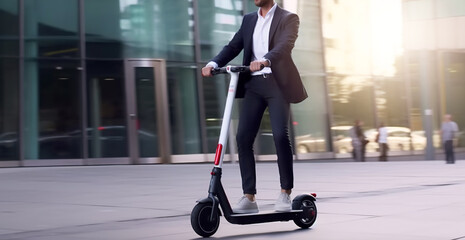 Fast travel in a modern city. Corporate businessman on scooter and eco friendly lifestyle