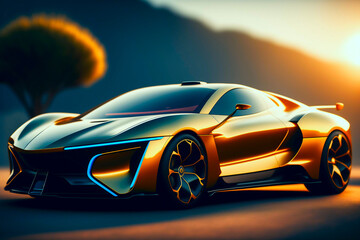Fototapeta na wymiar An electric futuristic sports car stands in the background of sunset mountain. one golden, yellow Luxury car at sunset (non-existent car design). vehicle in a sundown , fictional car. generative ai