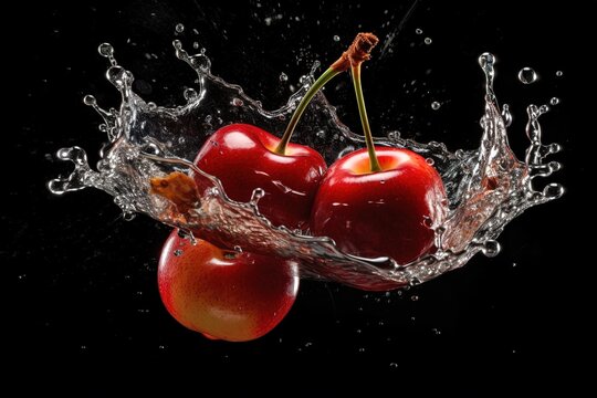 Delicious cherry berry juice splash, isolated on black background