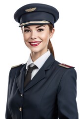 Beautiful and positive female air hostess at work. smiling, isolated on white background, generative AI