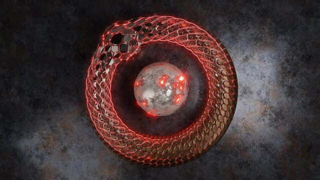 Loop zd animation of a metal background and a mysterious ring along which a round shape moves. Hexagon segments appear and disappear. The lines glow red.