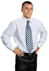 Happy Businessman Standing with Hands on Hips - Isolated