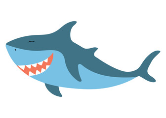 Fototapeta premium Cute vector shark isolated on white background. Cartoon sea animal. Smiling funny fish. Kids illustration