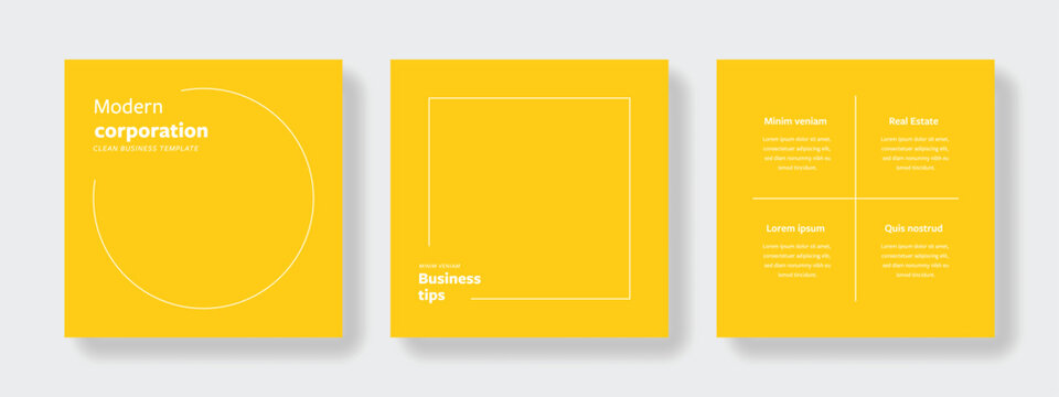Minimal social media layouts for marketing business, simple editable square templates with clean design, corporate web banners with place for photo and negative space