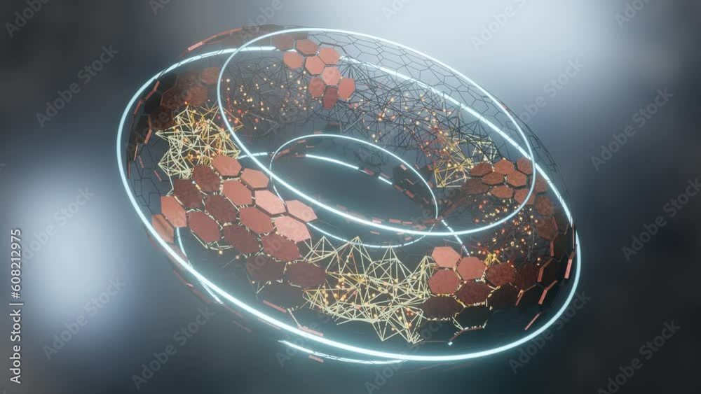 Poster loop 3d animation of abstract form. a torus, a ring of grids and hexagons, and glowing elements in s