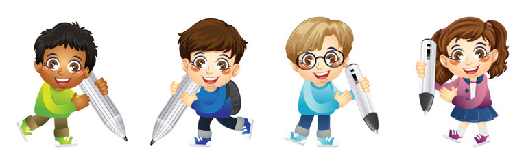 Cute boy and girl students do writing with pencil and marker, back to school, education, print, artwork, doodle, vector illustration (Vector)