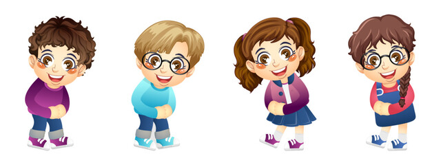 Obraz premium Set of a cute boy and girl showing respect with a salute, back to school, education, print, artwork, doodle, vector illustration (Vector)