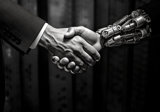 The hand of a man in a suit shakes the hand of a robot Generative AI