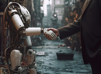 Fototapeta na wymiar A robot and a man in a suit shake hands Generative AI