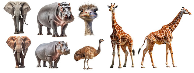 Fototapety  African animals isolated without background , elephant, hippo, ostrich, giraffe generative ai