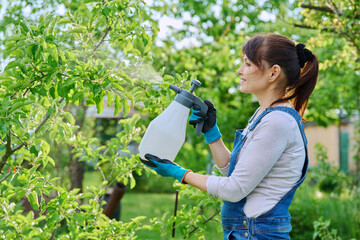 Woman sprays fungicides on flowering fruit trees from plant diseases and pests