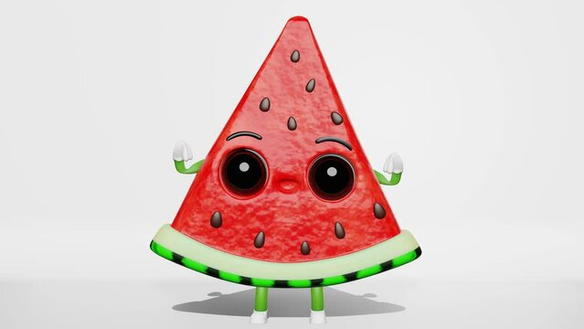 Cute dancing watermelon slice creative 3D character animation loop motion graphics 4K white background. Summer vacation Funny fresh juicy fruit eyes hands legs Contemporary style trendy vibrant colors