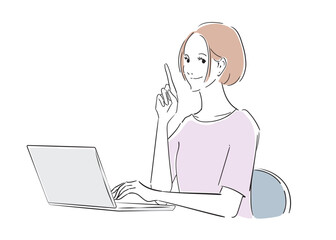 ノートパソコンで仕事しながら説明している女性
