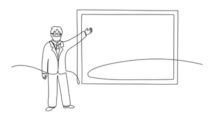 Lector, teacher near blackboard. University, school, education concept illustration. Continuous line drawing.