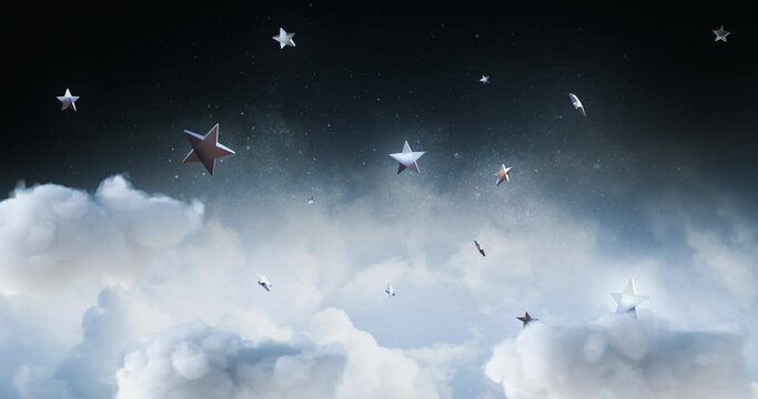 Looped animation. Magical cloudy sky and dark space background with rotated silver stars