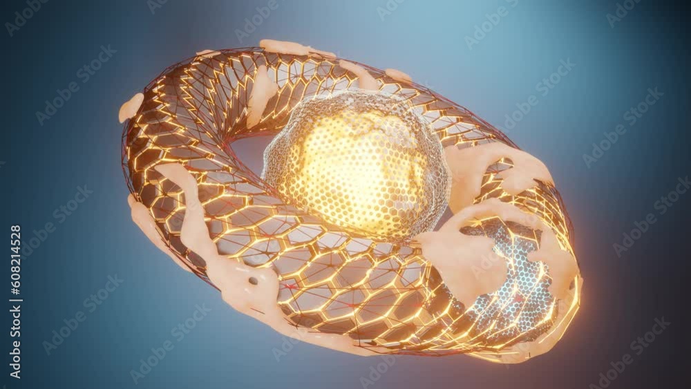 Poster loop abstract 3d animation of a futuristic torus, mesh rings and hexagonal polygons. glowing rings a
