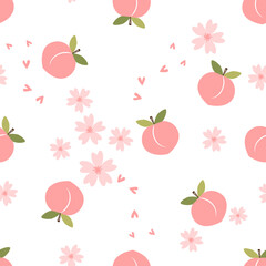 Seamless pattern of pink peach fruit with green leaves and flower on white background vector illustration.