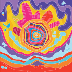 Psychedelic spiral illustration. groovy waves and circles in retro colors 

