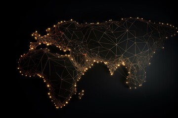 Abstract mash line and point scales on dark background with map of the world, generative ai